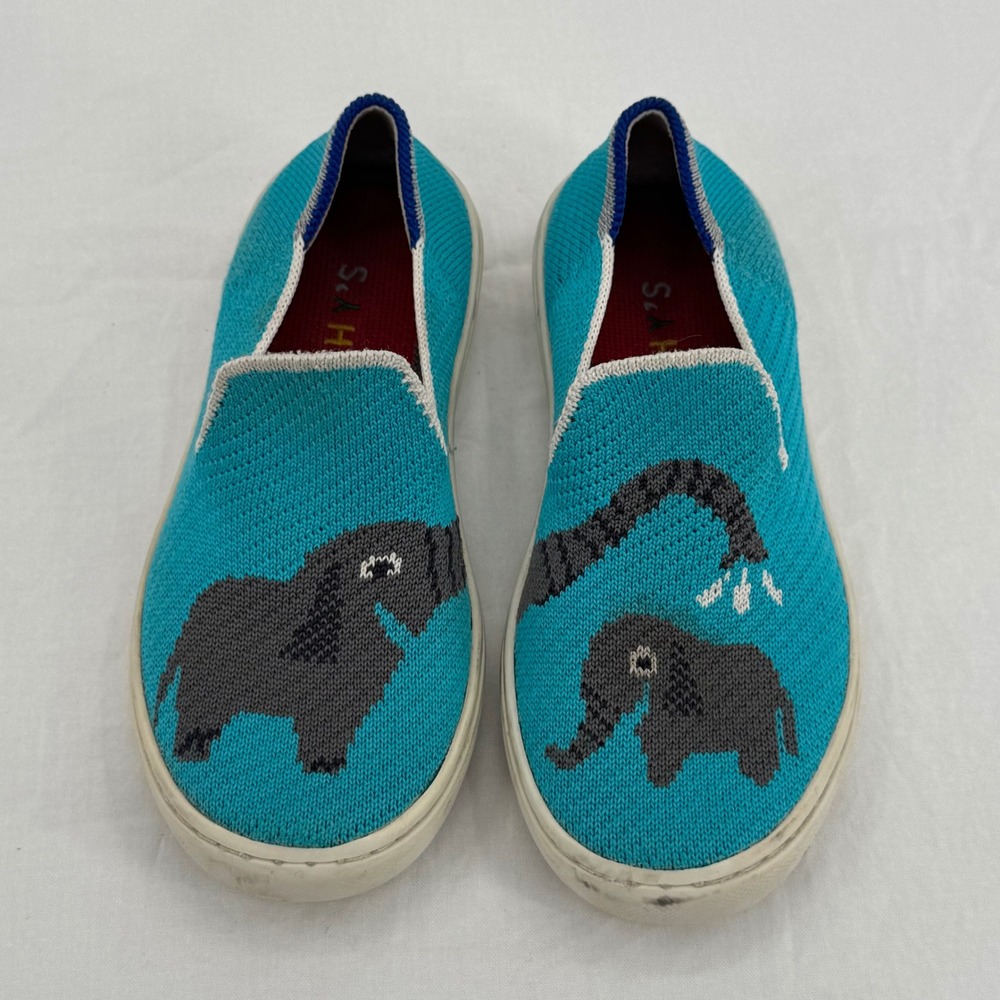 Rothys Kids Elephant Slip On Sneakers Turquoise Blue Knit Sz 12 Washable Comfort